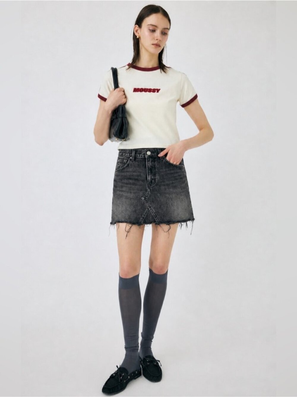 Moussy Japanese denim Vintage Dark Charcoal black wash high waist mini skirt Sm